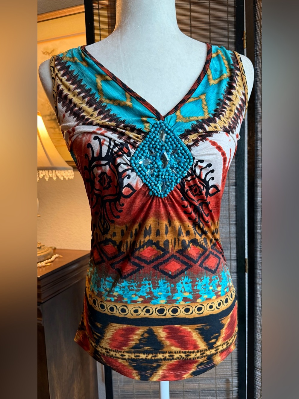 VENUS Size Small Multicolor Tribal Print Beaded Rhinestone V Neck Top